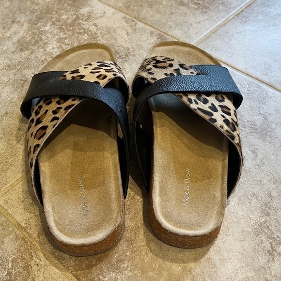 🆕 Max & Drew Amy leopard leather calf hair slip on sandals black brown - Picture 3 of 12